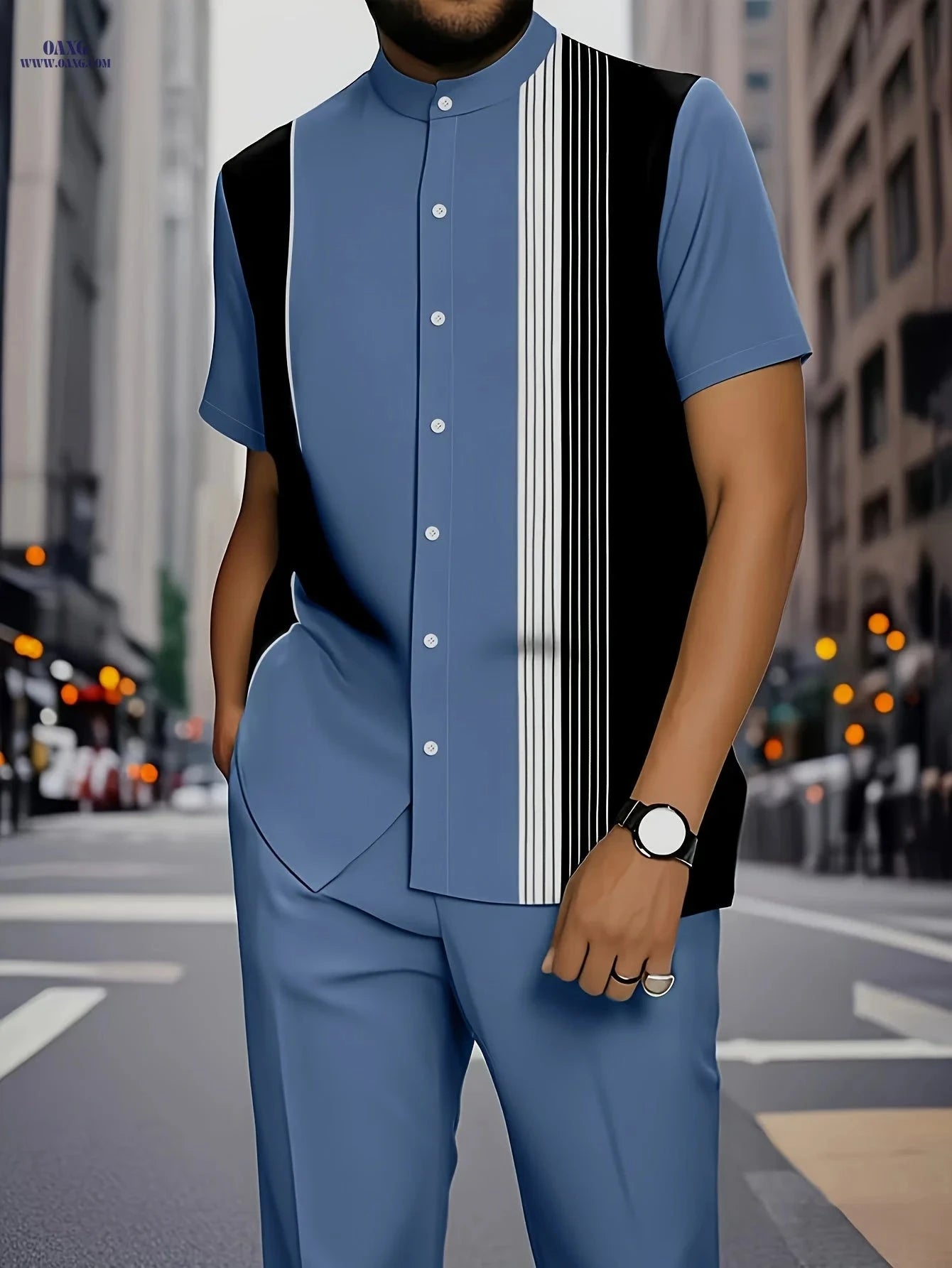 Stylish Men's Stripe Print Short-Sleeve Shirt & Trouser Set   OAXG 