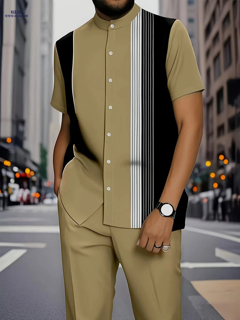 Stylish Men's Stripe Print Short-Sleeve Shirt & Trouser Set   OAXG 