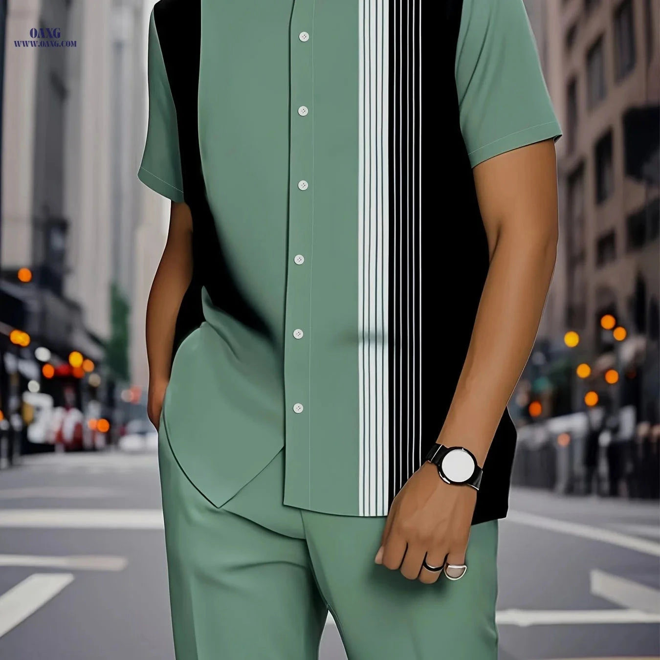 Stylish Men's Stripe Print Short-Sleeve Shirt & Trouser Set   OAXG 