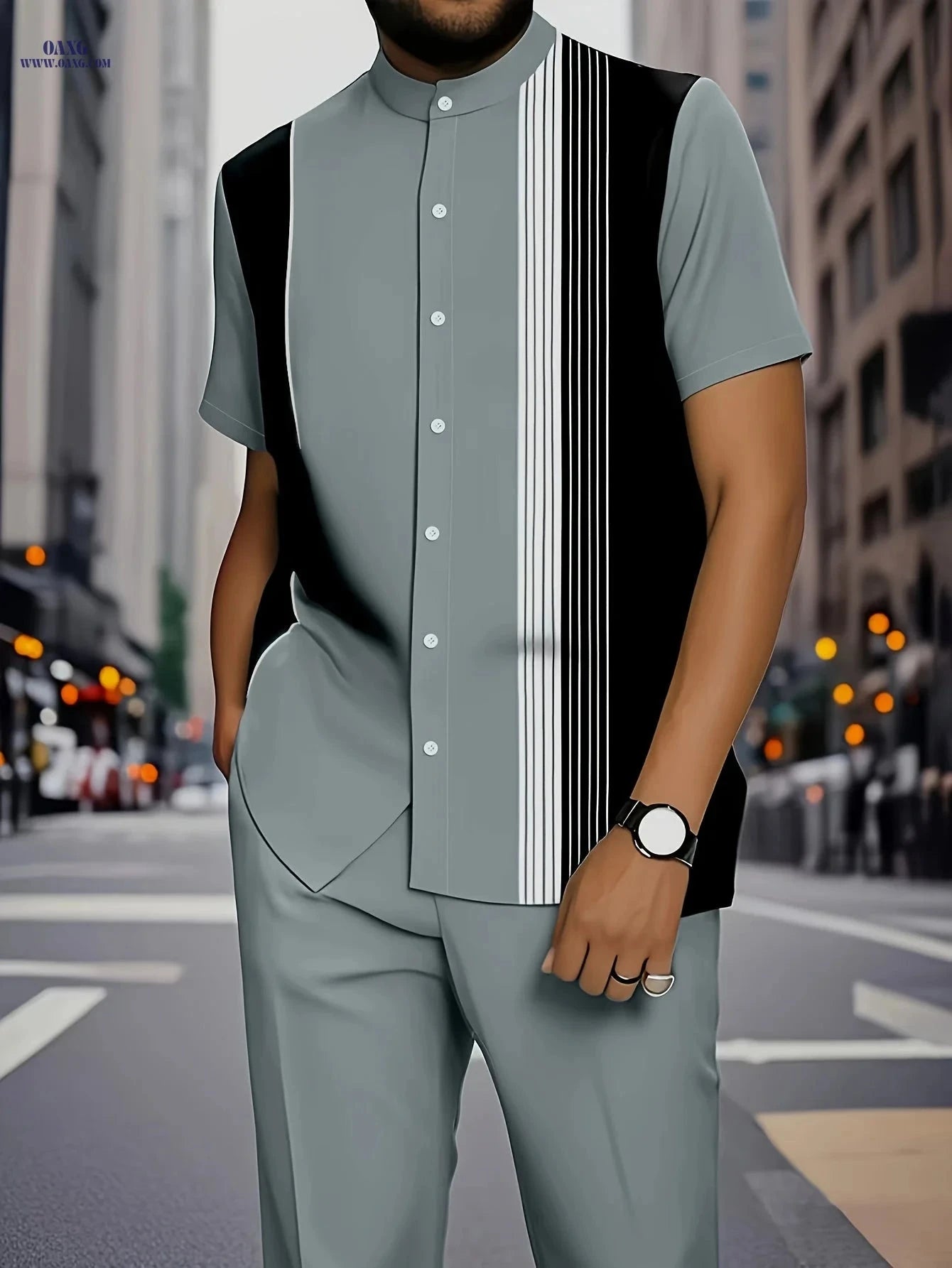 Stylish Men's Stripe Print Short-Sleeve Shirt & Trouser Set   OAXG Mixed colors / FR M