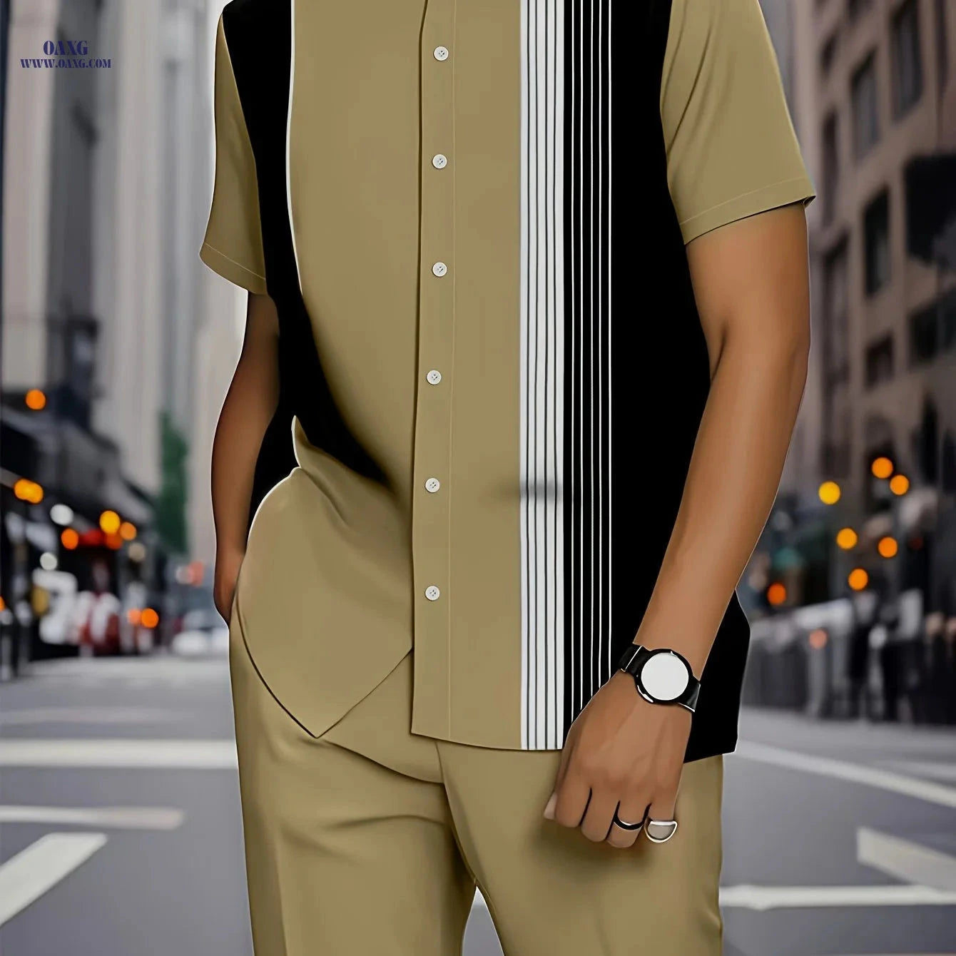 Stylish Men's Stripe Print Short-Sleeve Shirt & Trouser Set   OAXG Mixed colors / FR M