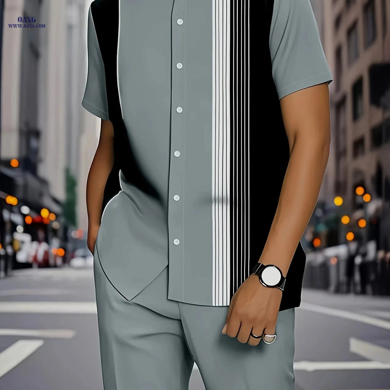 Stylish Men's Stripe Print Short-Sleeve Shirt & Trouser Set   OAXG Mixed colors / FR M
