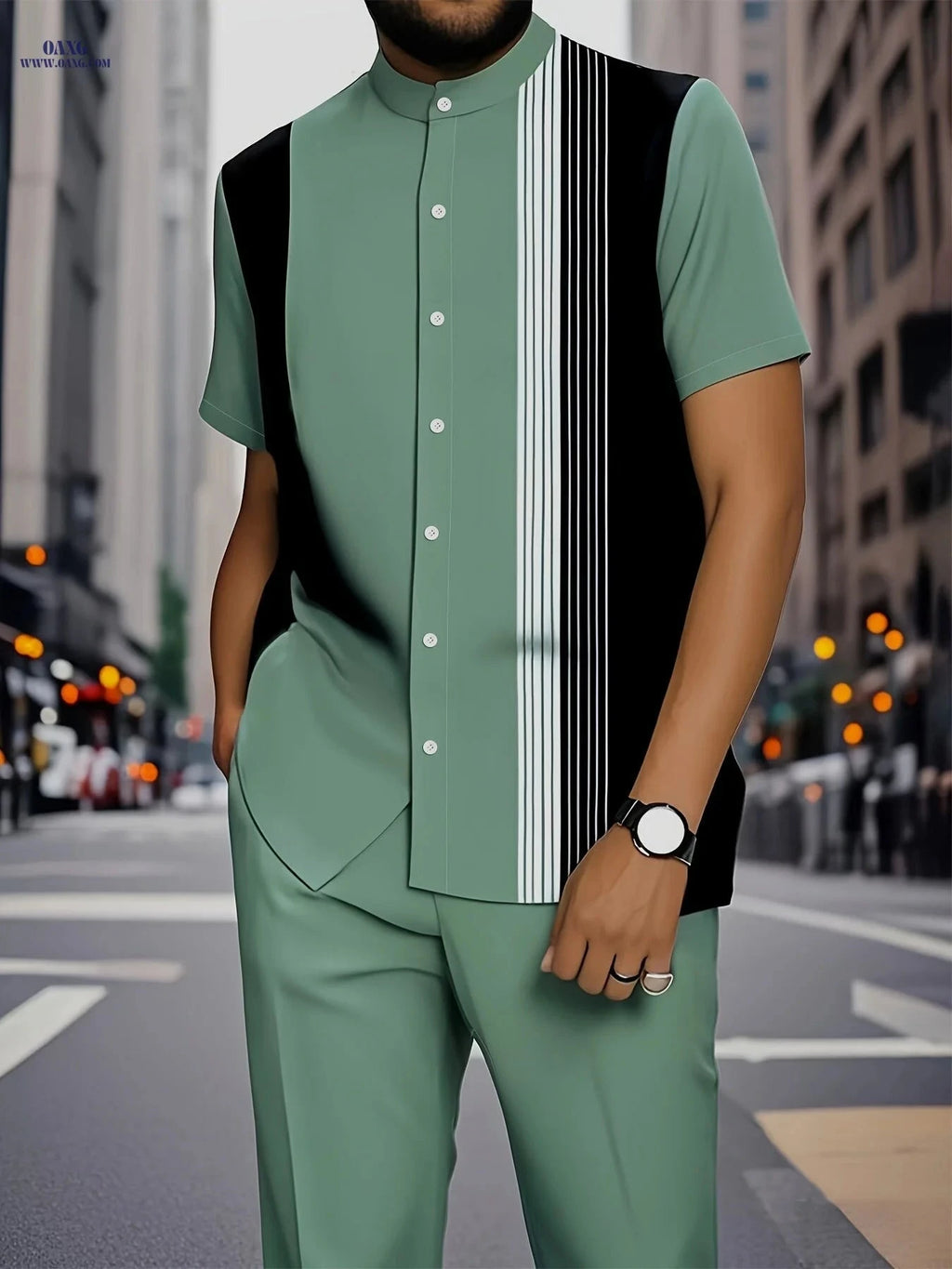 Stylish Men's Stripe Print Short-Sleeve Shirt & Trouser Set   OAXG Mixed colors / FR M