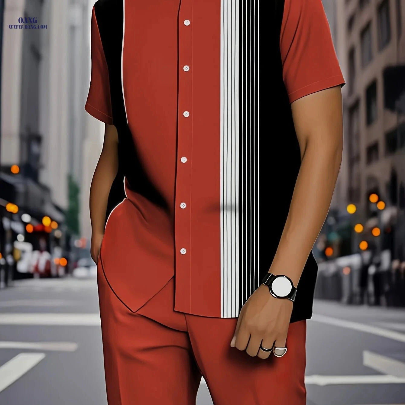 Stylish Men's Stripe Print Short-Sleeve Shirt & Trouser Set   OAXG 