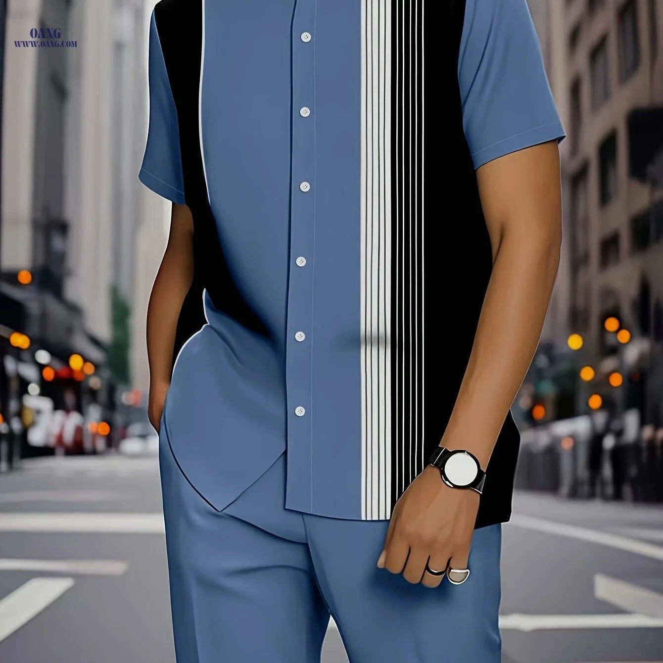 Stylish Men's Stripe Print Short-Sleeve Shirt & Trouser Set   OAXG 