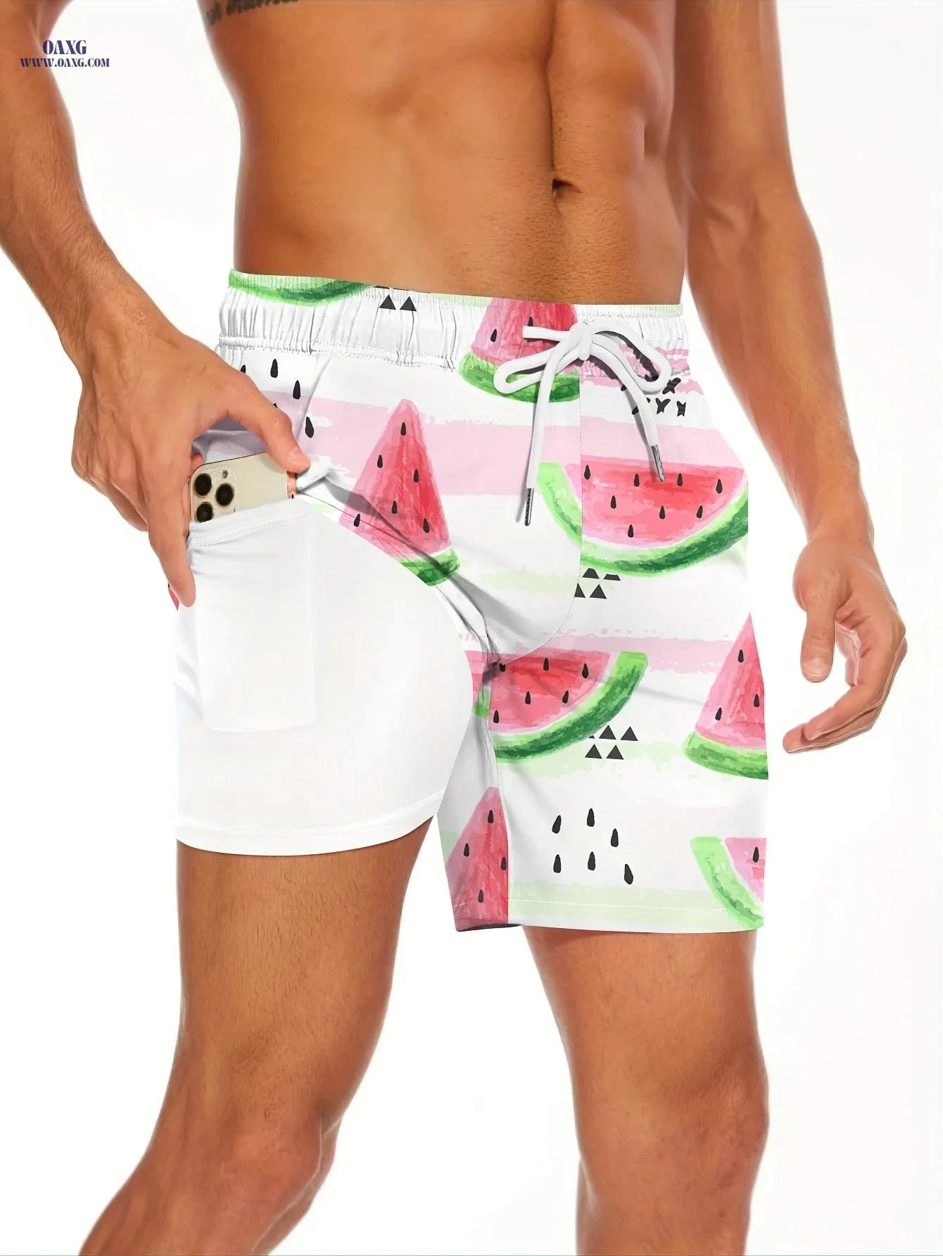 Stylish Men's Swim Trunks - Inner Pocket, Fashion Print for Summer   OAXG 