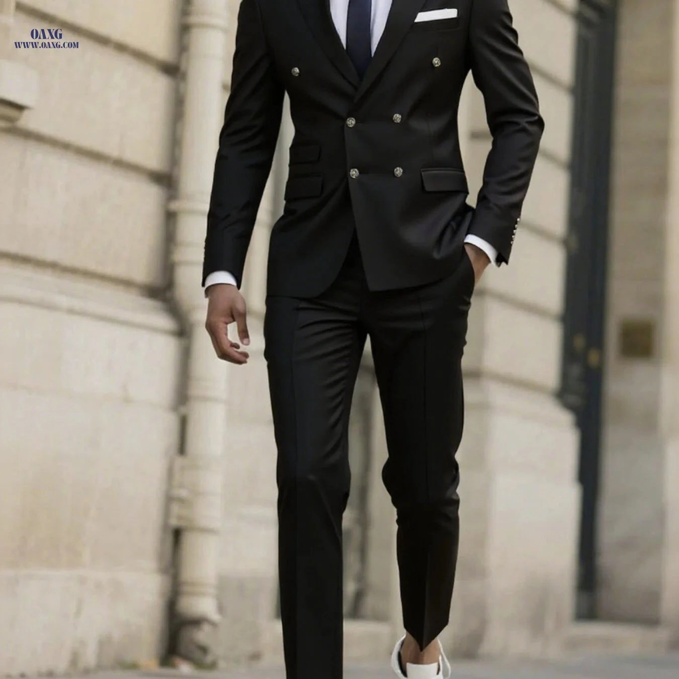 Stylish Men's Tailored Black Suit Set - Long Sleeve Jacket & Pants   OAXG 