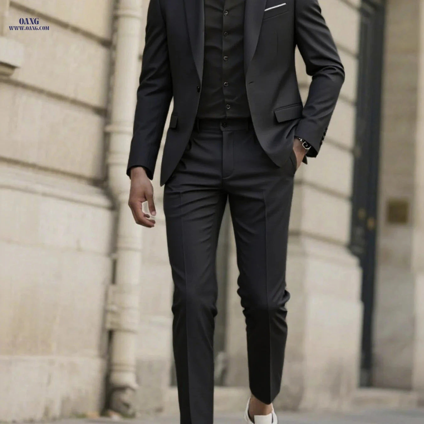 Stylish Men's Tailored Black Suit Set - Long Sleeve Jacket & Pants   OAXG 