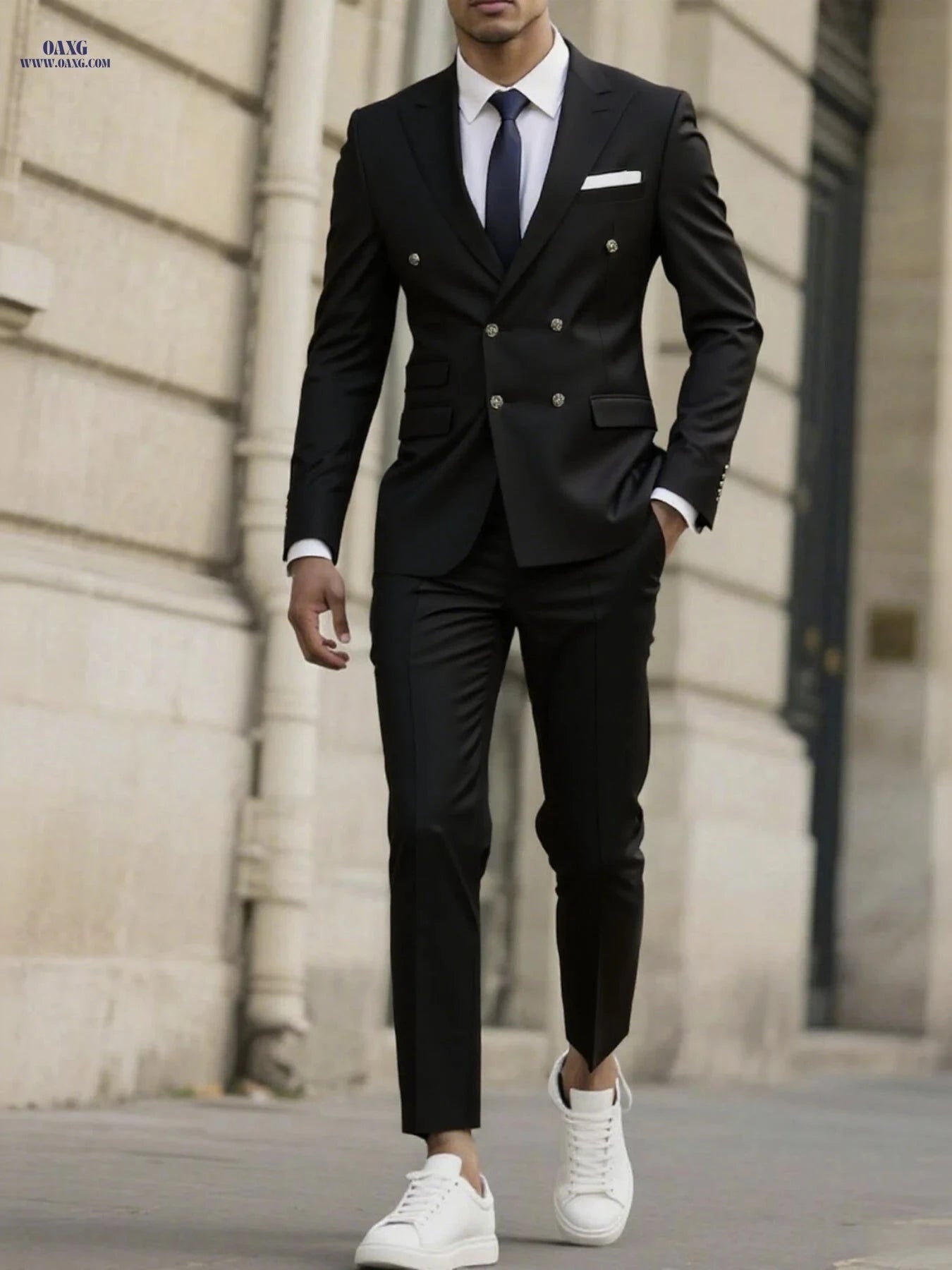 Stylish Men's Tailored Black Suit Set - Long Sleeve Jacket & Pants   OAXG 