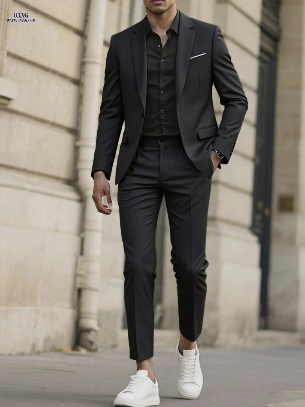 Stylish Men's Tailored Black Suit Set - Long Sleeve Jacket & Pants   OAXG 