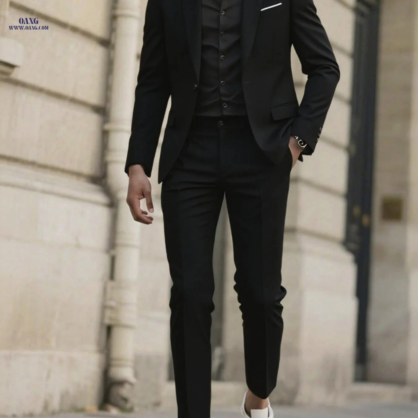 Stylish Men's Tailored Black Suit Set - Long Sleeve Jacket & Pants   OAXG 