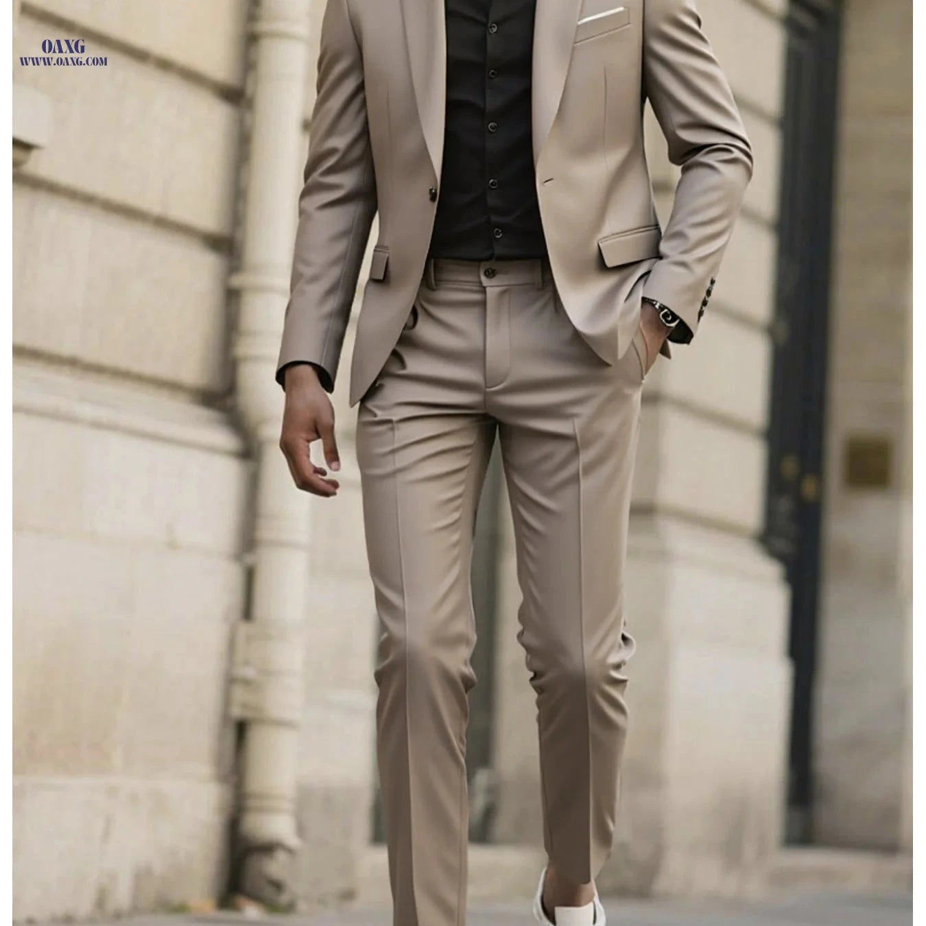 Stylish Men's Tailored Black Suit Set - Long Sleeve Jacket & Pants   OAXG 