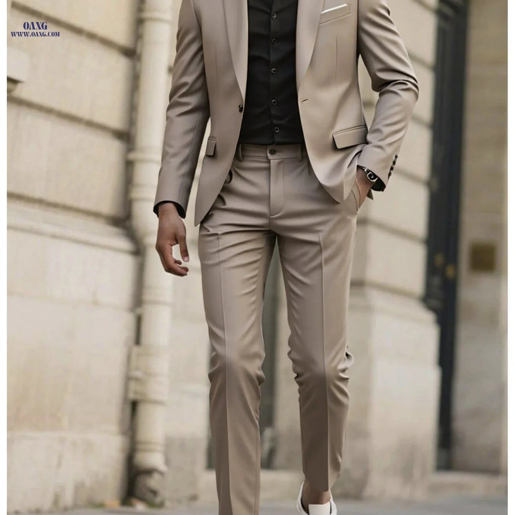 Stylish Men's Tailored Black Suit Set - Long Sleeve Jacket & Pants   OAXG 