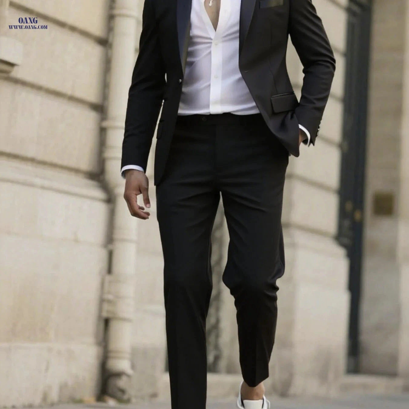 Stylish Men's Tailored Black Suit Set - Long Sleeve Jacket & Pants   OAXG 