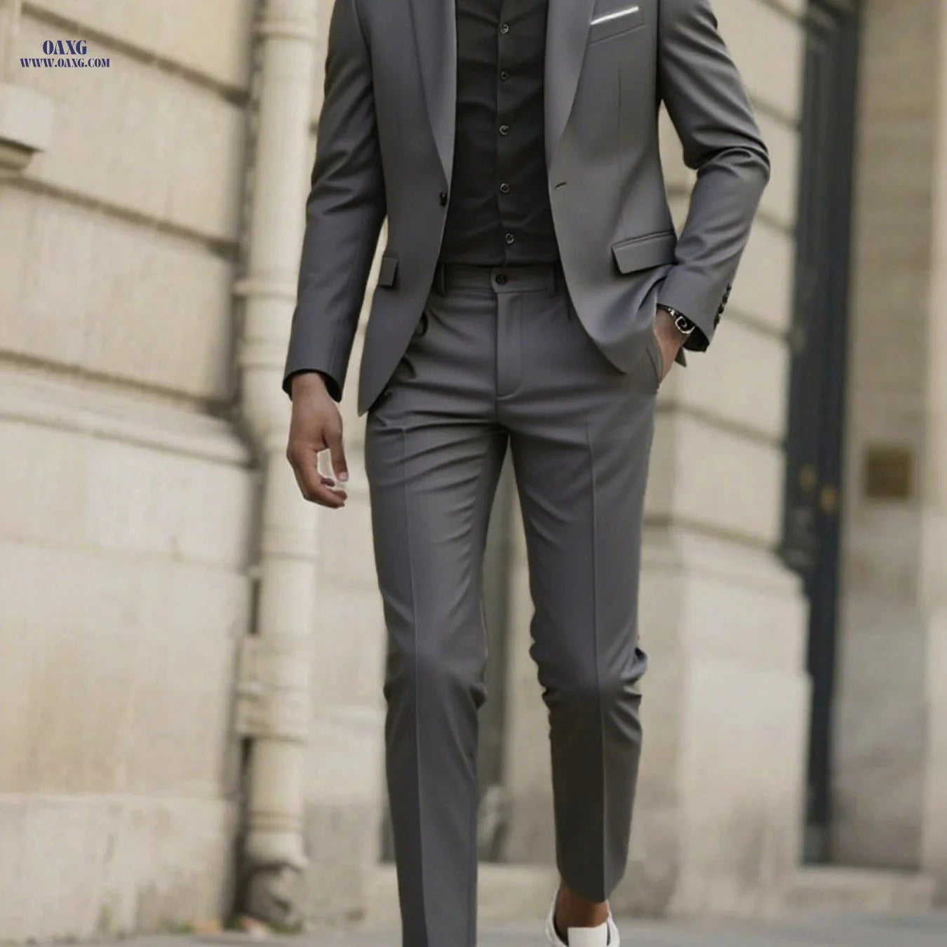 Stylish Men's Tailored Black Suit Set - Long Sleeve Jacket & Pants   OAXG 