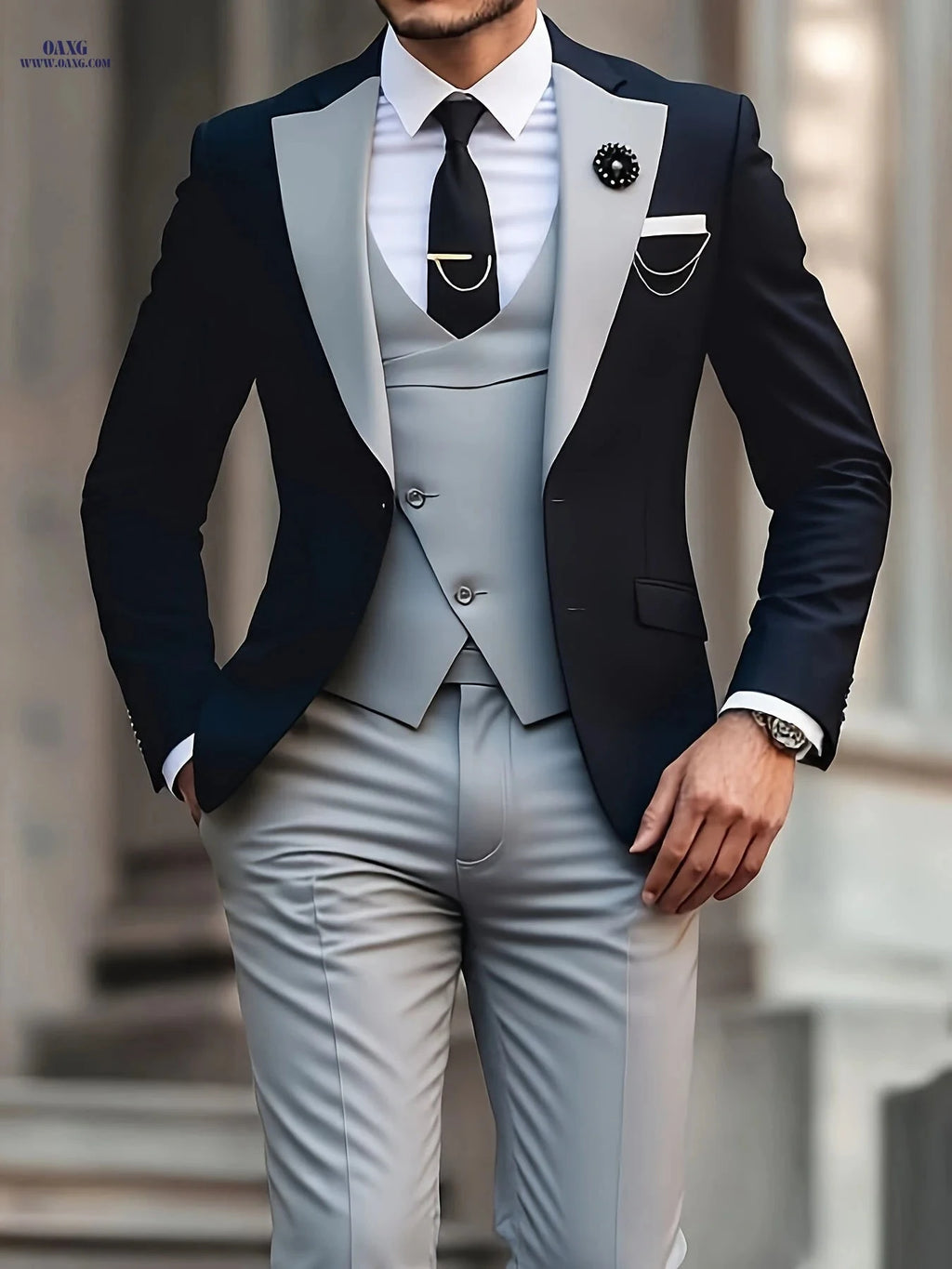 Stylish Men's Three-Piece Suit - Blazer, Vest, and Trousers   OAXG Navy Color / FR XXS