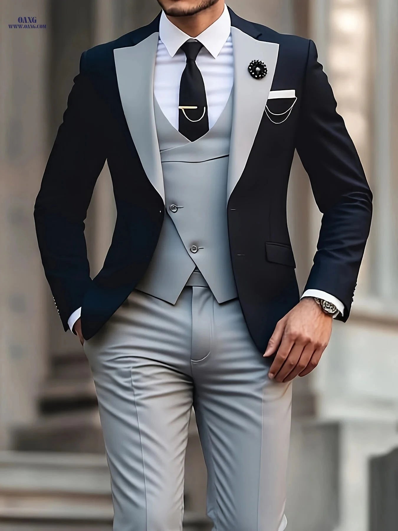 Stylish Men's Three-Piece Suit - Blazer, Vest, and Trousers   OAXG Navy Color / FR XXS