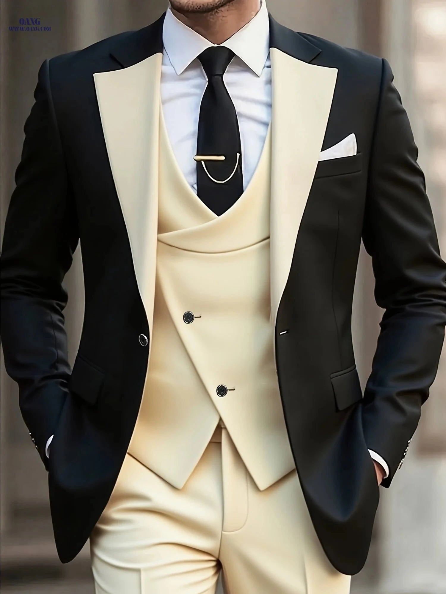 Stylish Men's Three-Piece Suit - Blazer, Vest, and Trousers   OAXG Navy Color / FR XXS