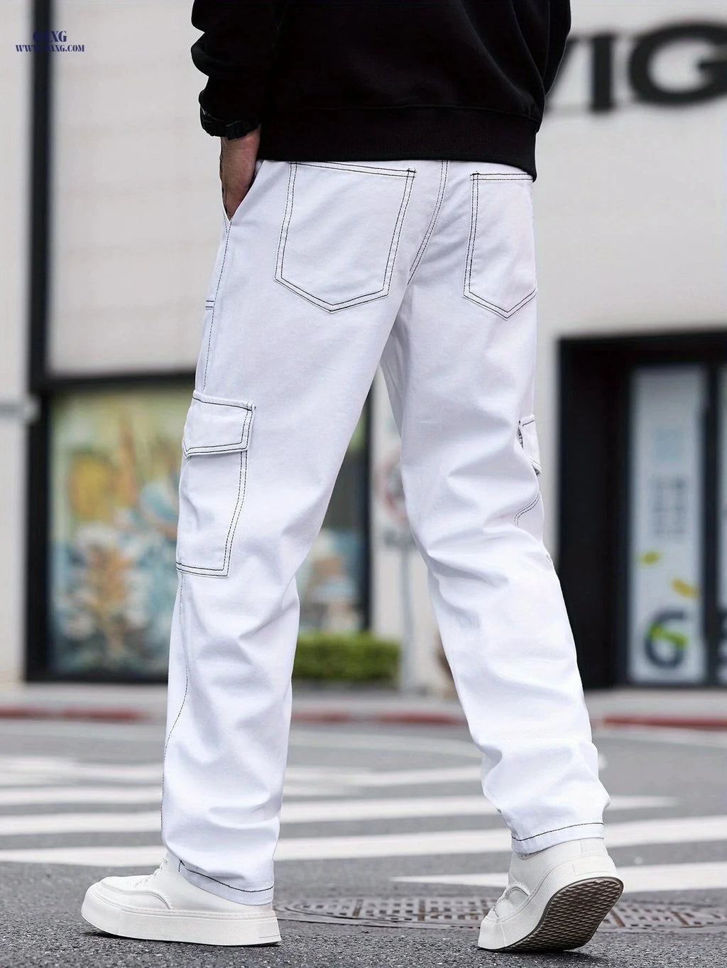 Stylish Multi-Pocket Straight-Leg Jeans - Unisex White Denim Pants   OAXG 
