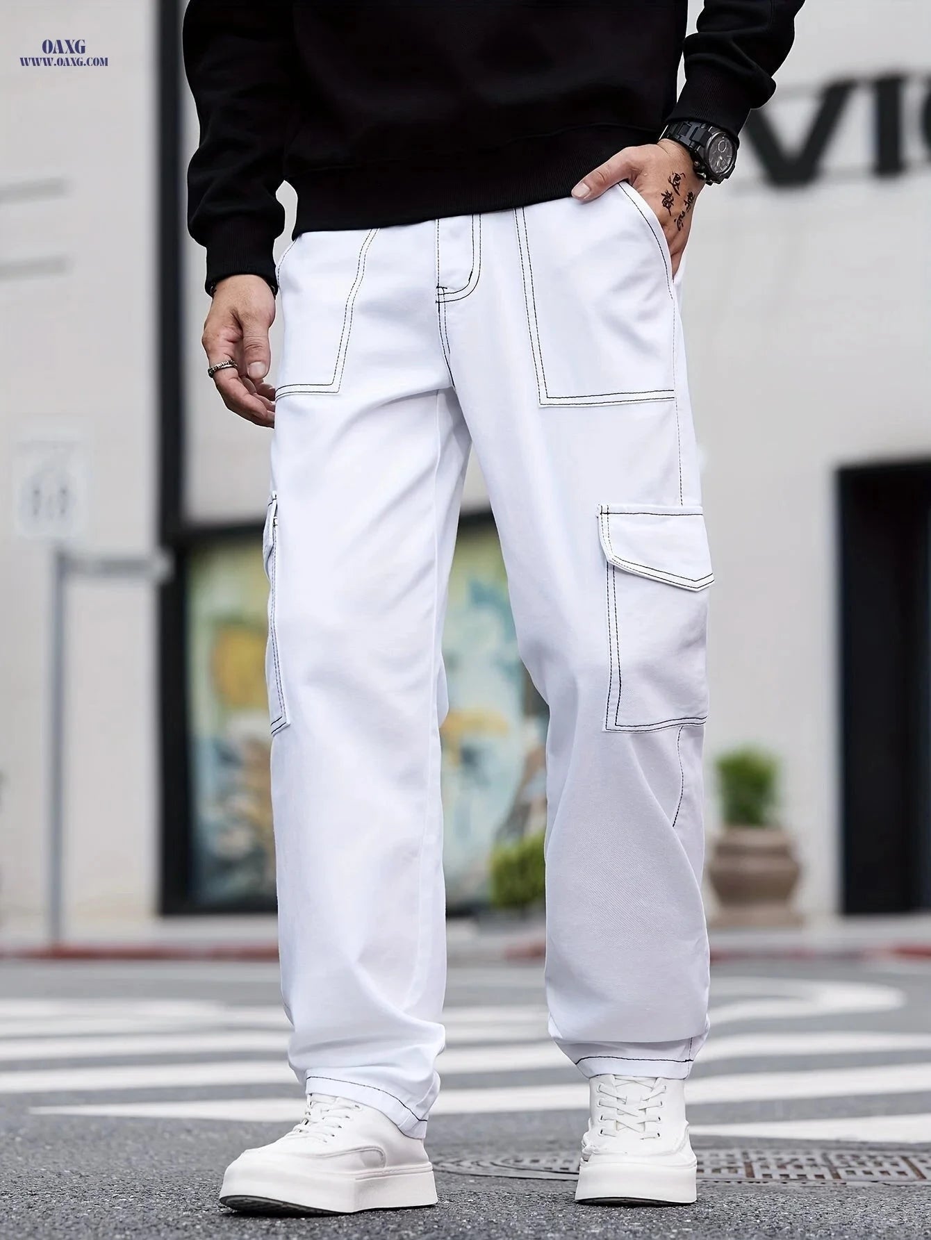 Stylish Multi-Pocket Straight-Leg Jeans - Unisex White Denim Pants   OAXG 