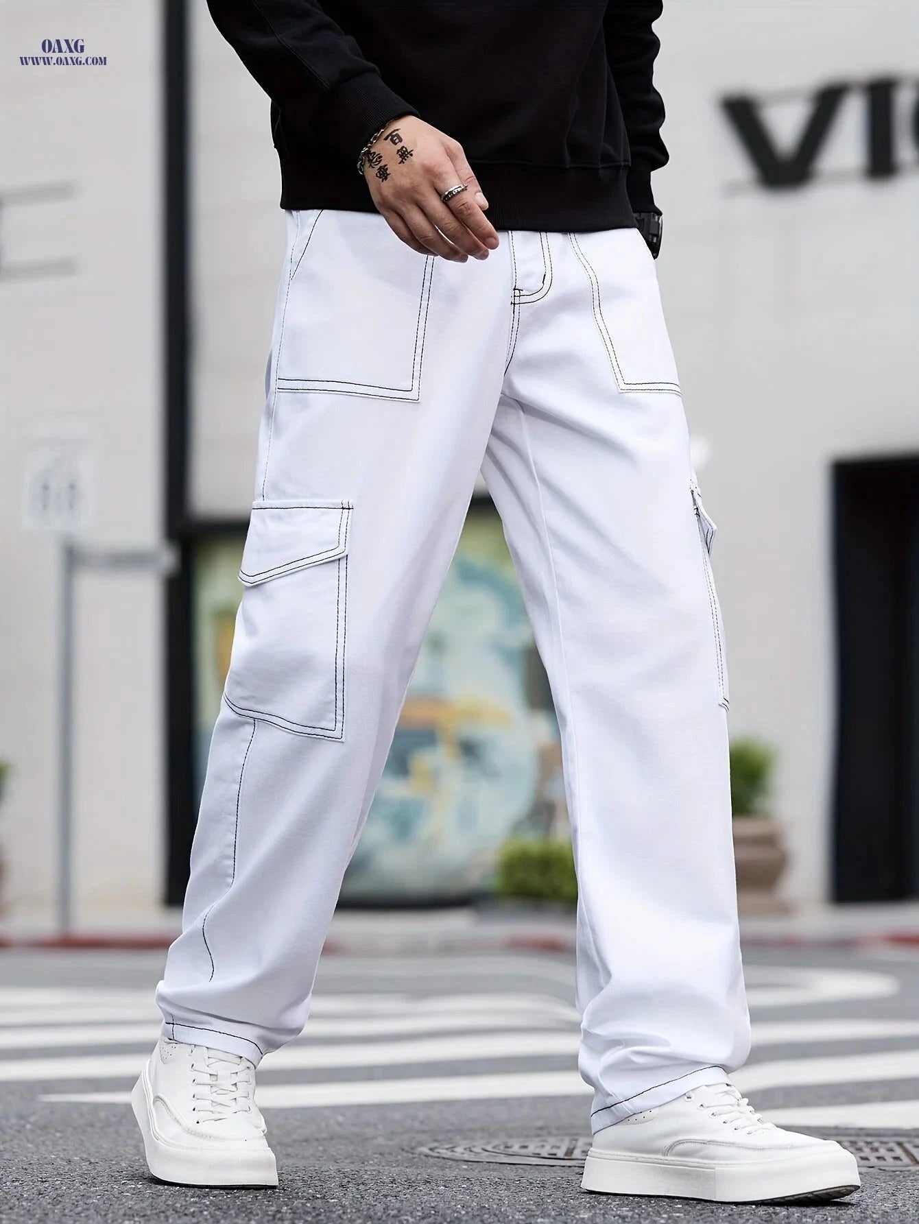 Stylish Multi-Pocket Straight-Leg Jeans - Unisex White Denim Pants   OAXG 