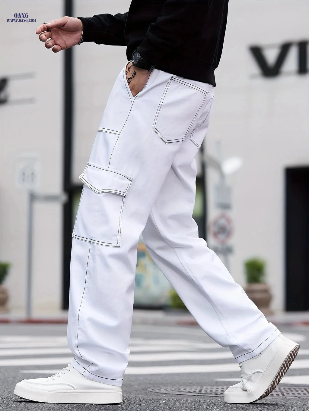 Stylish Multi-Pocket Straight-Leg Jeans - Unisex White Denim Pants   OAXG White / FR XS