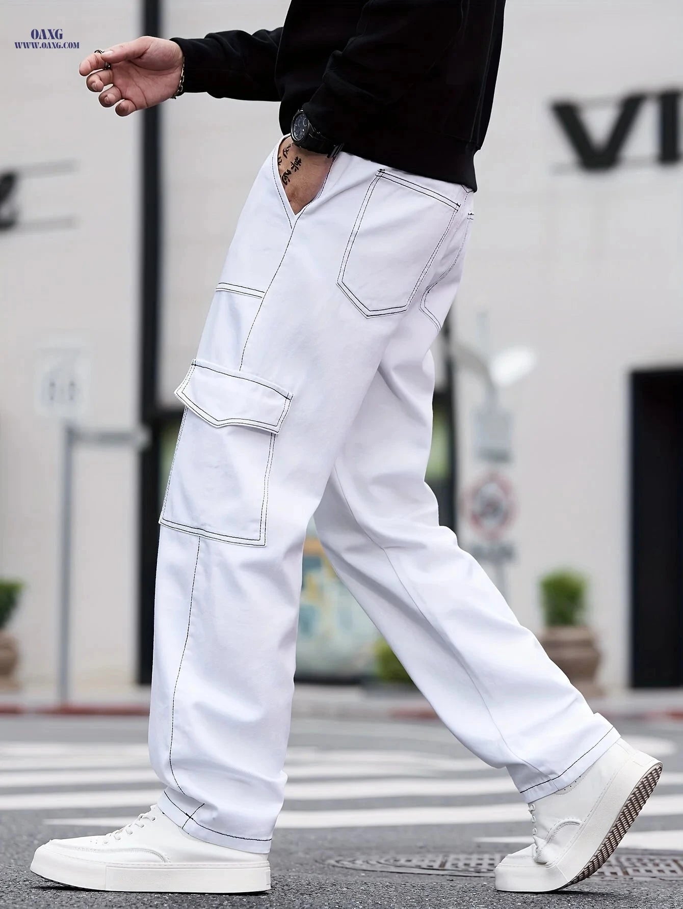Stylish Multi-Pocket Straight-Leg Jeans - Unisex White Denim Pants   OAXG White / FR XS