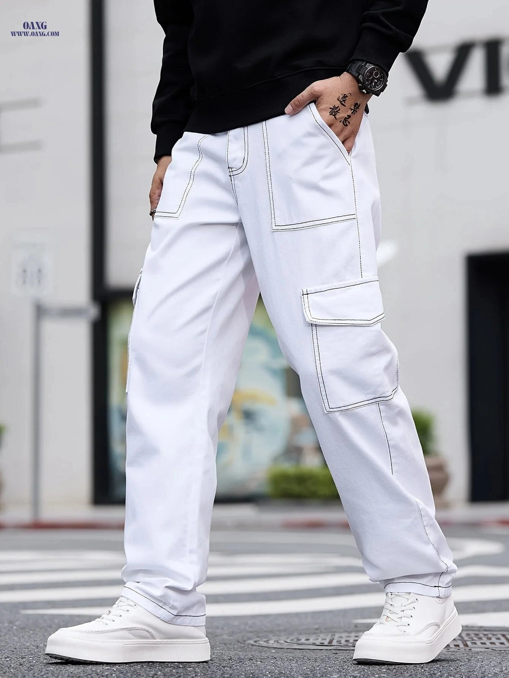 Stylish Multi-Pocket Straight-Leg Jeans - Unisex White Denim Pants   OAXG White / FR XS