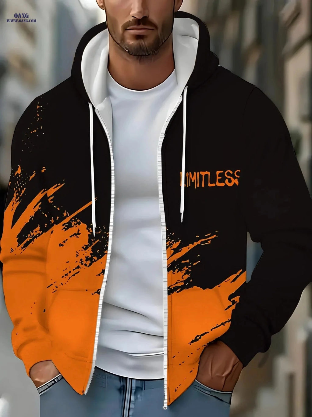 Stylish Orange and Black Zip-Up Hoodie for Men - Lightweight Casual Wear   OAXG 