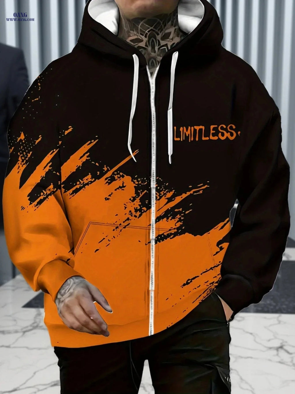 Stylish Orange and Black Zip-Up Hoodie for Men - Lightweight Casual Wear   OAXG 
