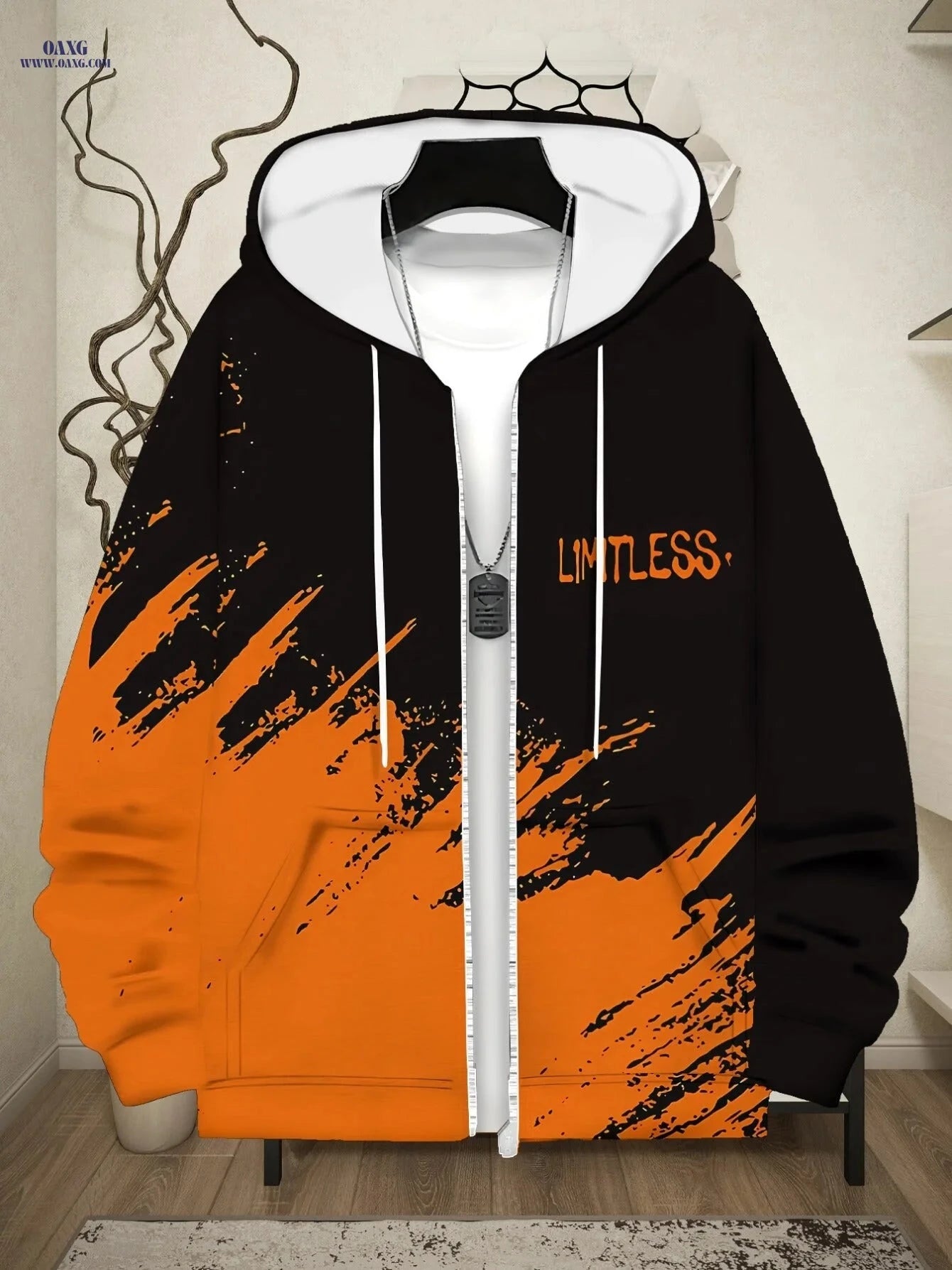 Stylish Orange and Black Zip-Up Hoodie for Men - Lightweight Casual Wear   OAXG Multicolor / FR M