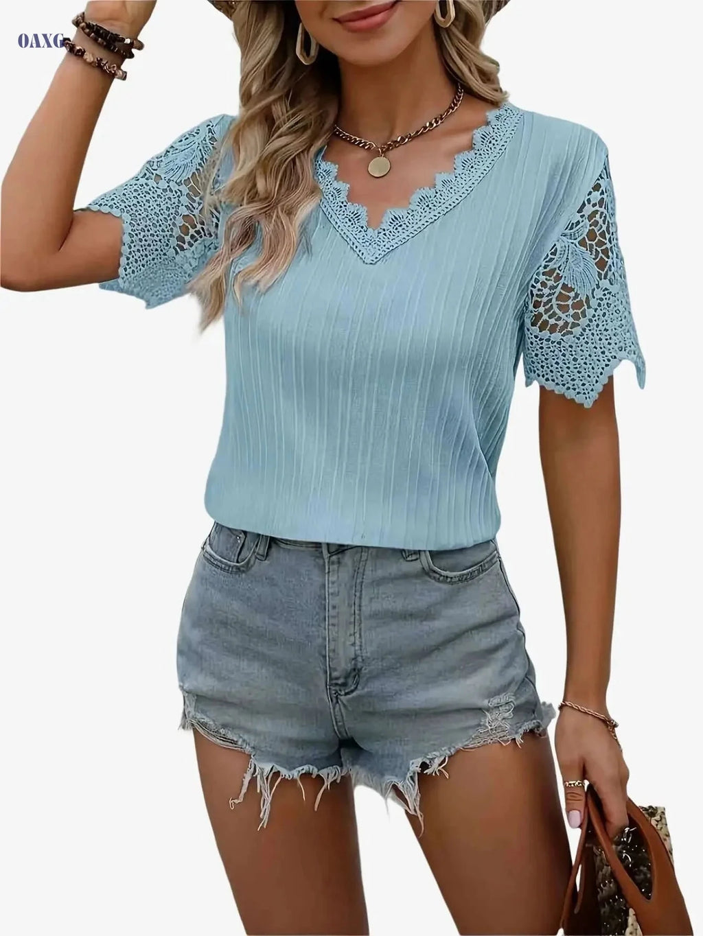 Stylish Pink V-Neck Blouse - Short Sleeve Ribbed Summer Top   OAXG 