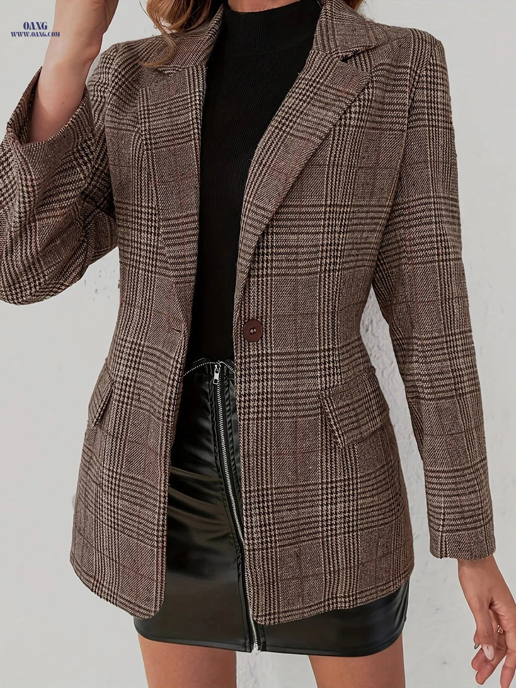 Stylish Plaid Blazer for Women - Long Sleeve, Elegant Spring/Fall Wear   OAXG Brown / S
