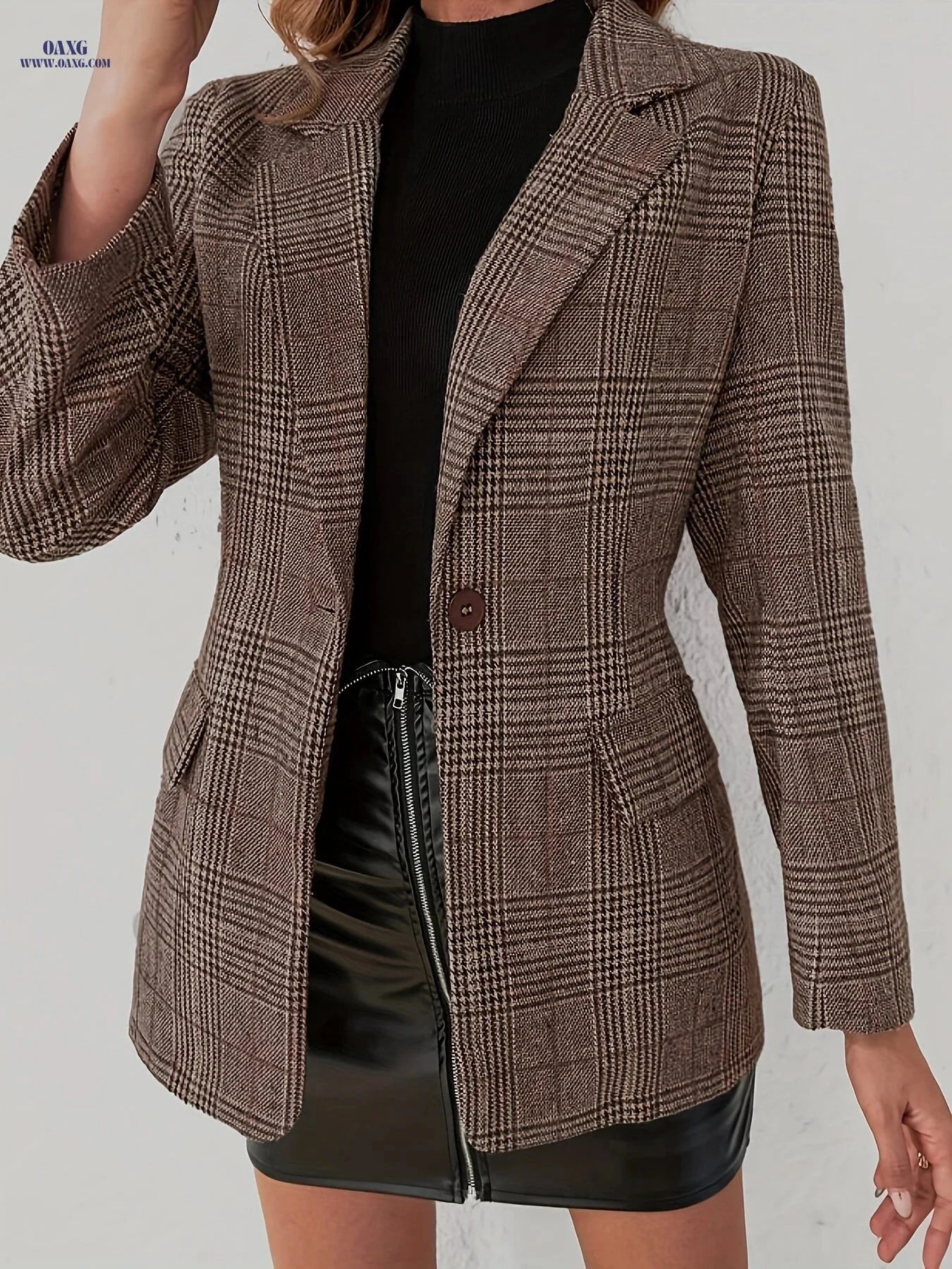 Stylish Plaid Blazer for Women - Long Sleeve, Elegant Spring/Fall Wear   OAXG Brown / S