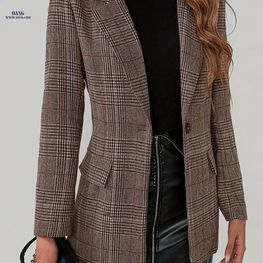 Stylish Plaid Blazer for Women - Long Sleeve, Elegant Spring/Fall Wear   OAXG Brown / S