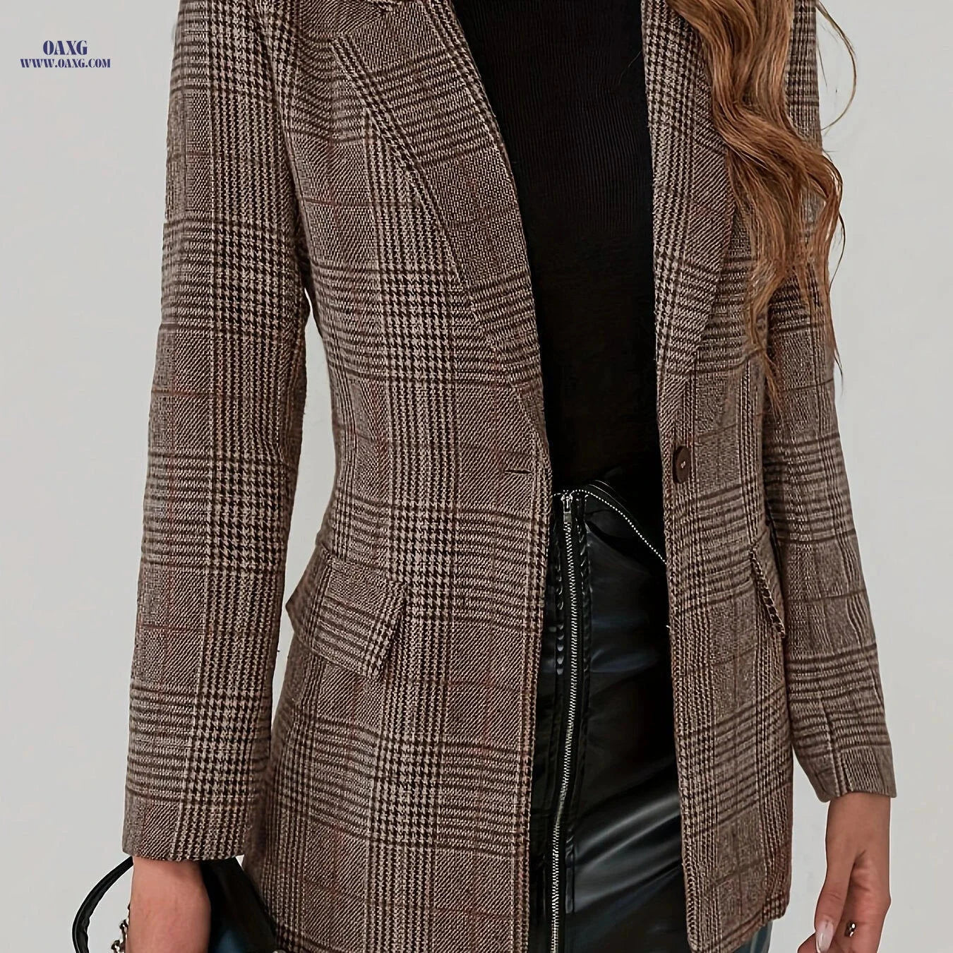 Stylish Plaid Blazer for Women - Long Sleeve, Elegant Spring/Fall Wear   OAXG Brown / S