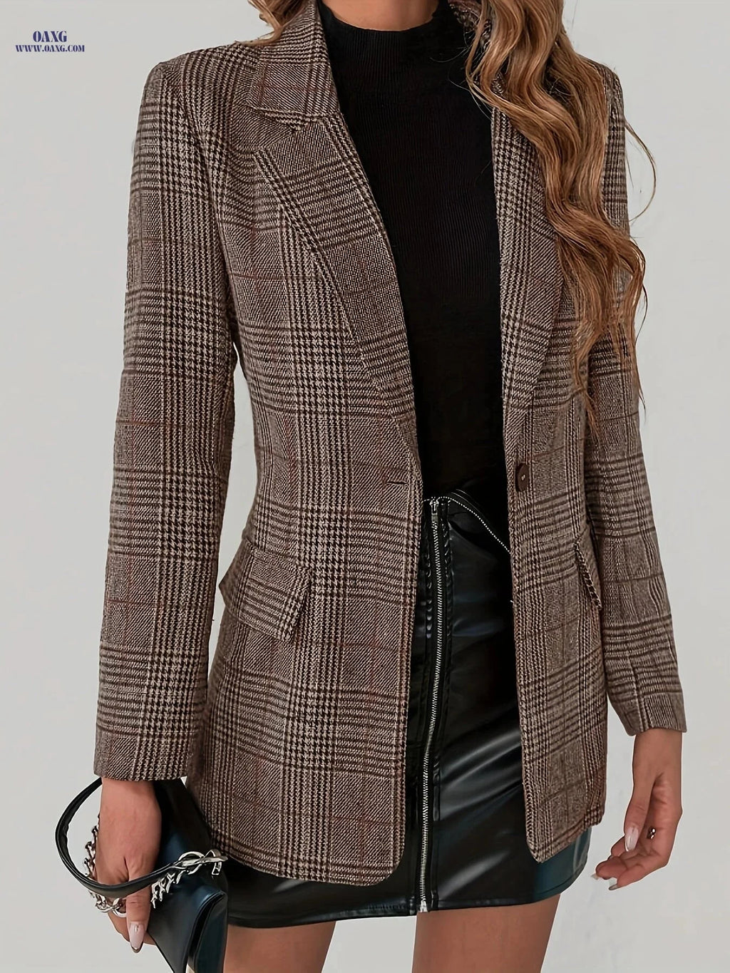 Stylish Plaid Blazer for Women - Long Sleeve, Elegant Spring/Fall Wear   OAXG Brown / S