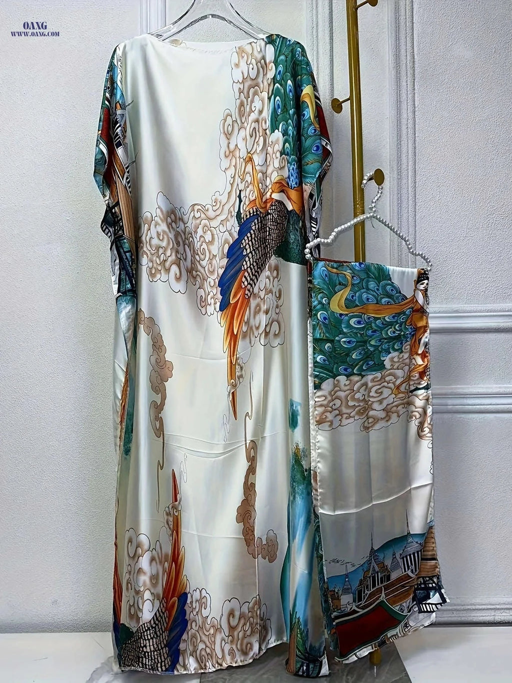 Stylish Printed Boat Neck Abaya - Chic Batwing Sleeve Dress   OAXG 