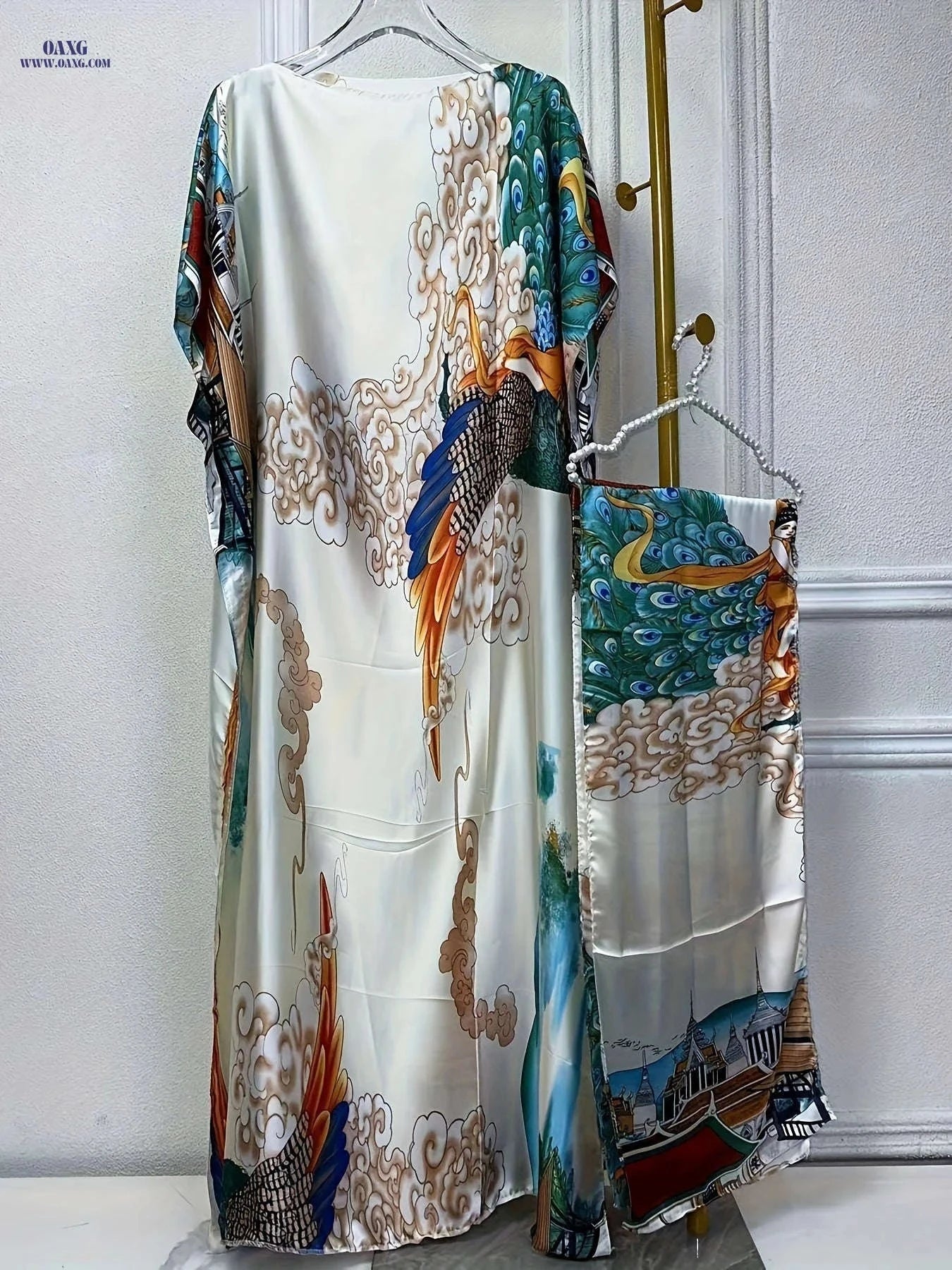 Stylish Printed Boat Neck Abaya - Chic Batwing Sleeve Dress   OAXG 