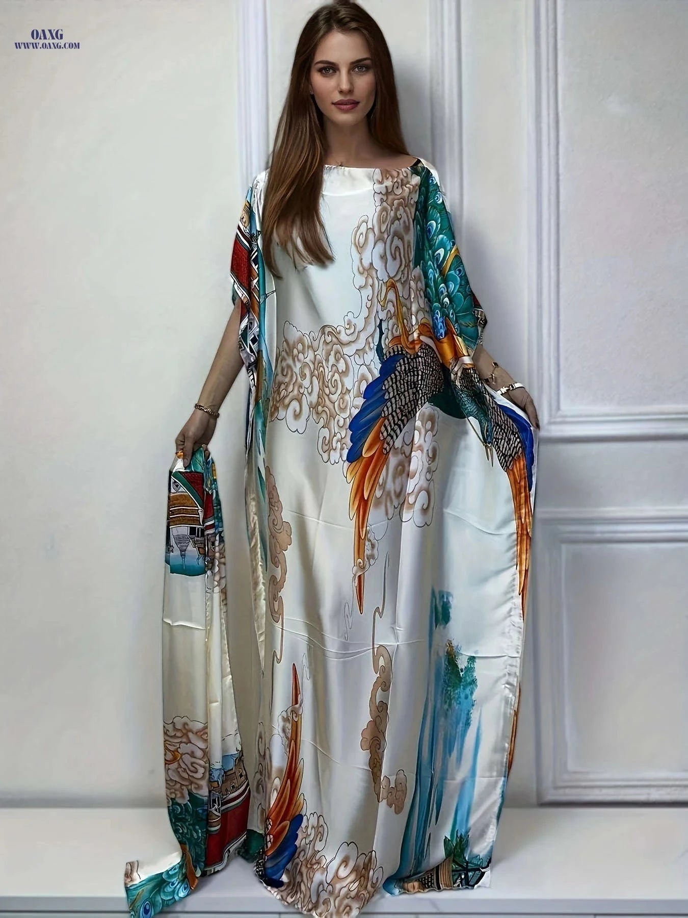 Stylish Printed Boat Neck Abaya - Chic Batwing Sleeve Dress   OAXG Milky / One-size