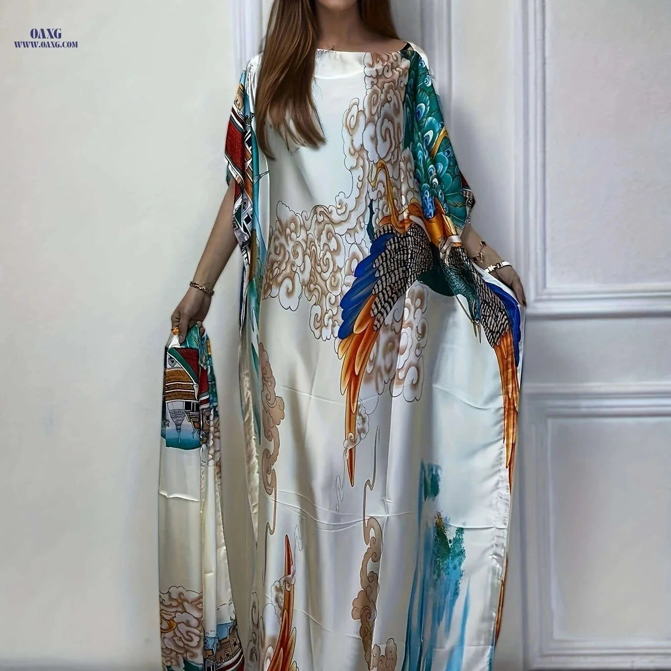 Stylish Printed Boat Neck Abaya - Chic Batwing Sleeve Dress   OAXG Milky / One-size