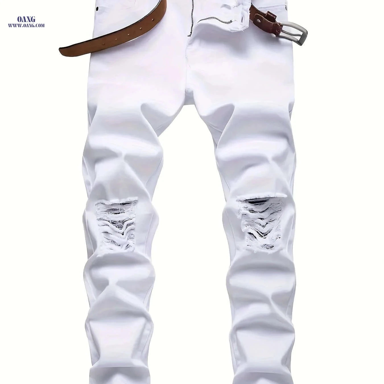 Stylish Pure White Long Pants - Ripped Denim for All Seasons   OAXG 