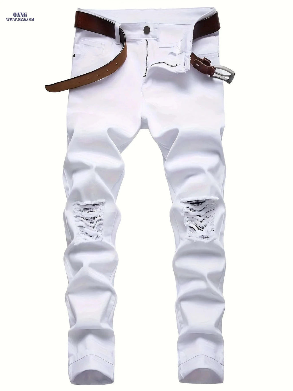Stylish Pure White Long Pants - Ripped Denim for All Seasons   OAXG 