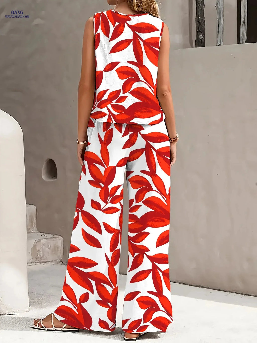 Stylish Red and White Leaf Print Casual Set - Sleeveless Top & Pants   OAXG 