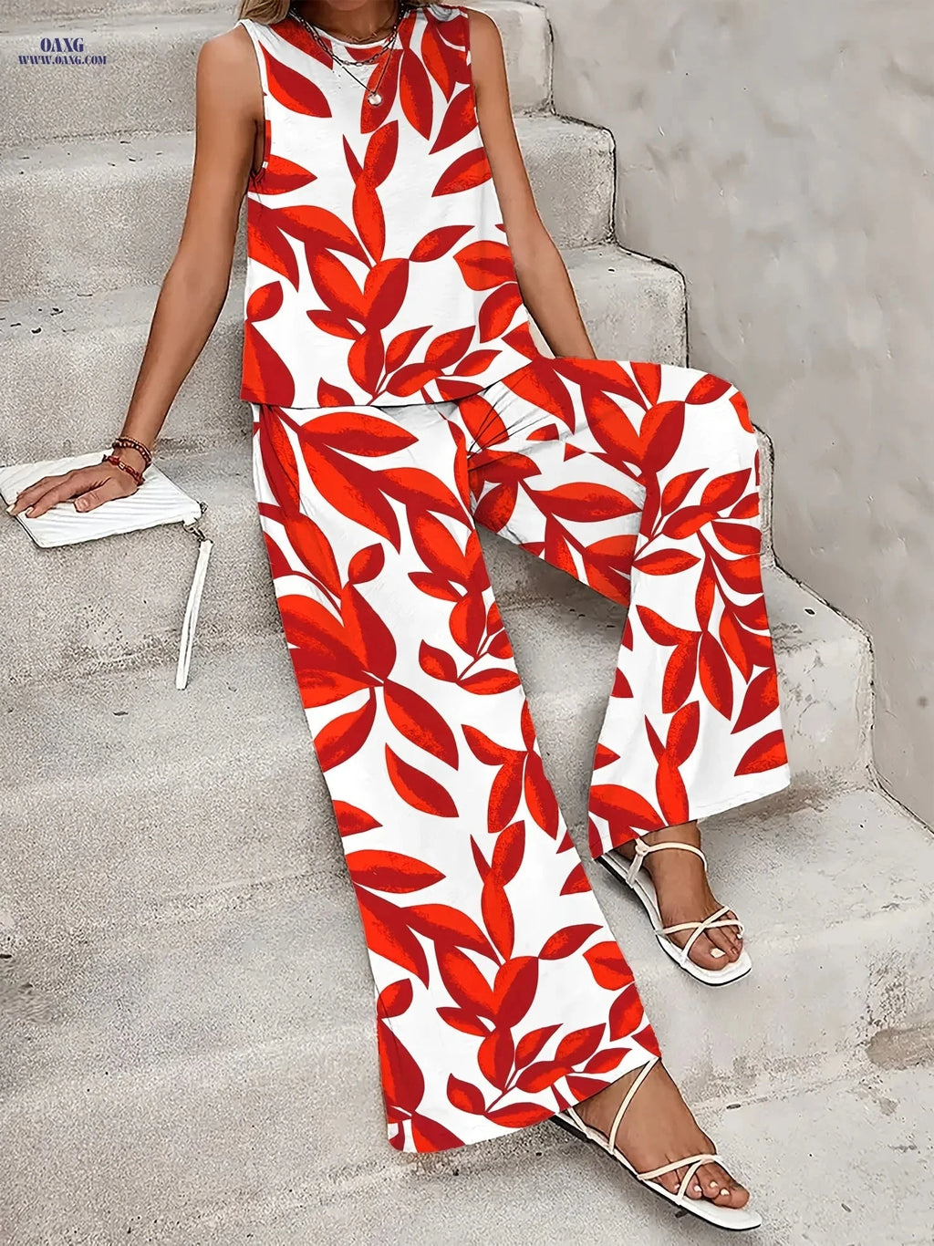 Stylish Red and White Leaf Print Casual Set - Sleeveless Top & Pants   OAXG Red / S