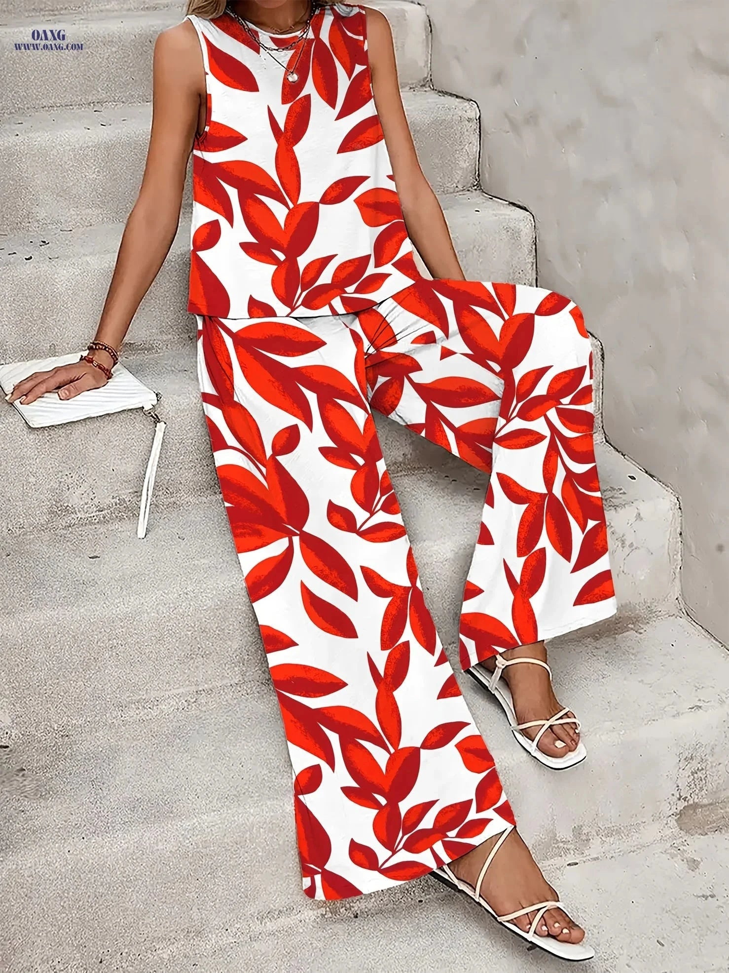 Stylish Red and White Leaf Print Casual Set - Sleeveless Top & Pants   OAXG Red / S