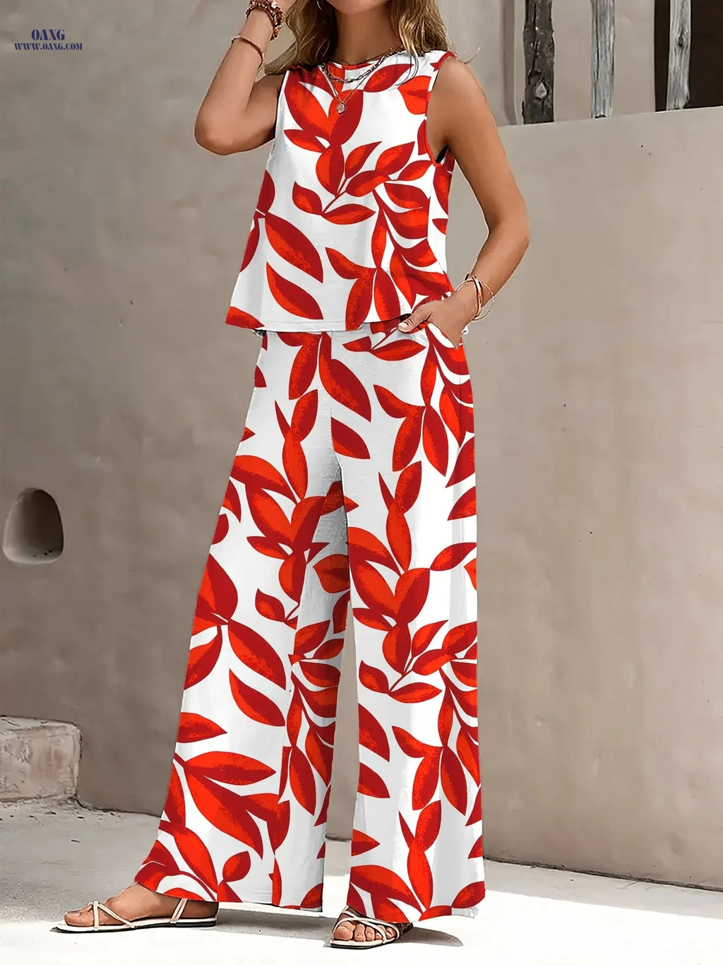 Stylish Red and White Leaf Print Casual Set - Sleeveless Top & Pants   OAXG Red / S