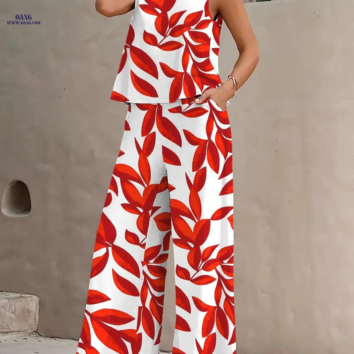 Stylish Red and White Leaf Print Casual Set - Sleeveless Top & Pants   OAXG Red / S