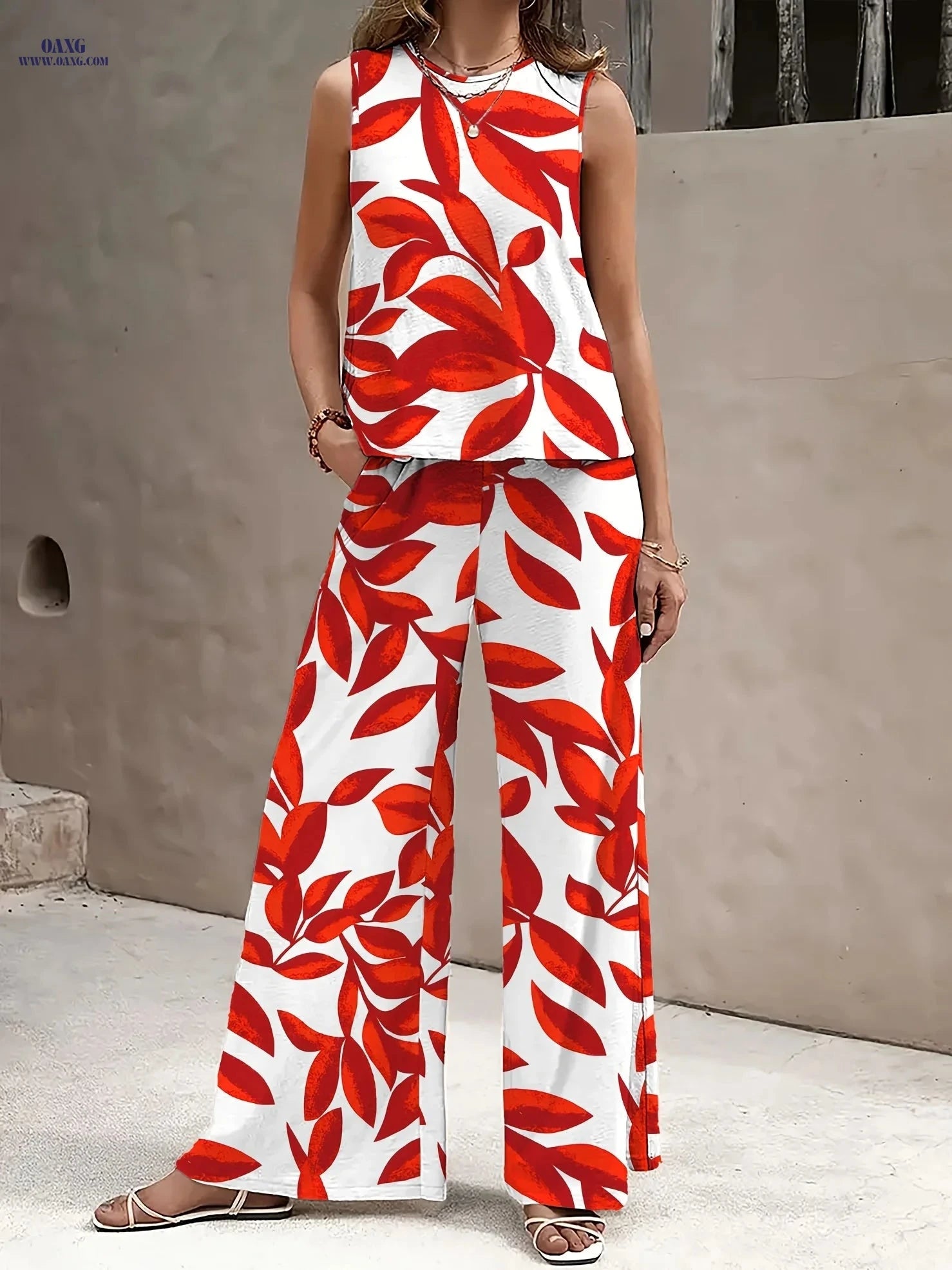 Stylish Red and White Leaf Print Casual Set - Sleeveless Top & Pants   OAXG Red / S