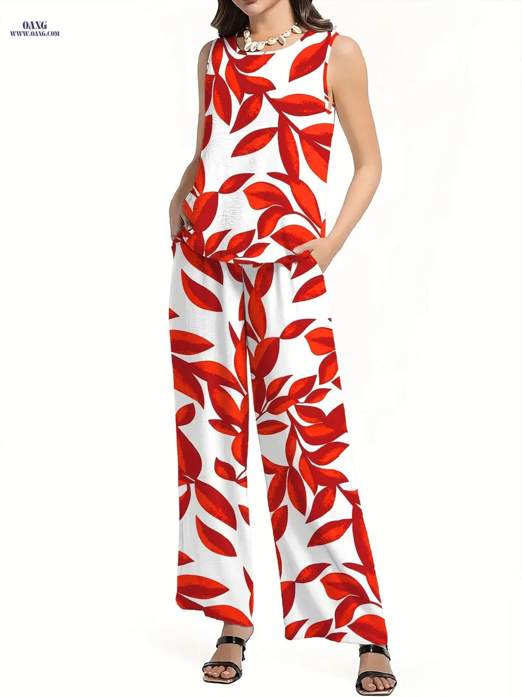 Stylish Red and White Leaf Print Casual Set - Sleeveless Top & Pants   OAXG 